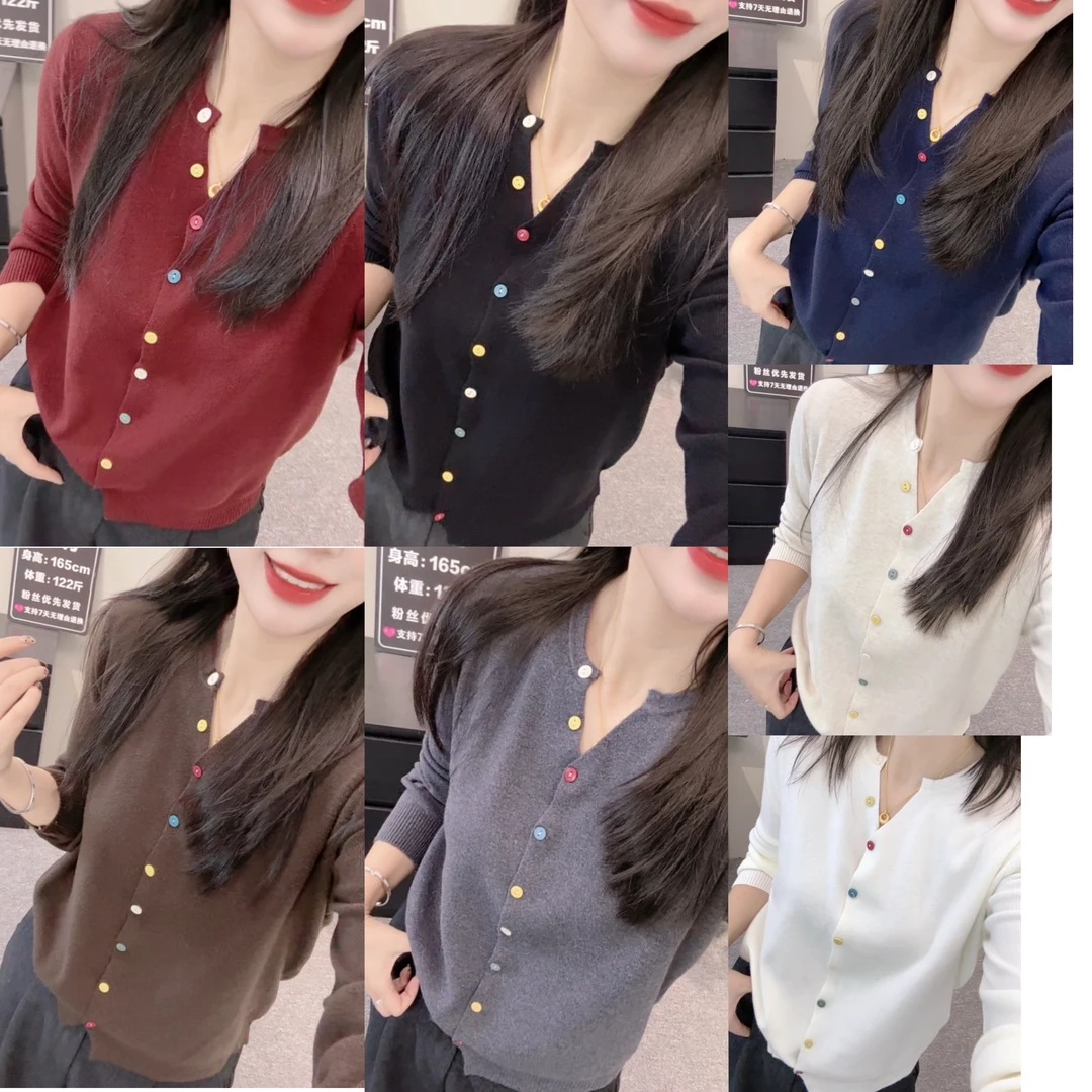 【唯美女装】彩扣V领~通勤百搭针织毛衣
