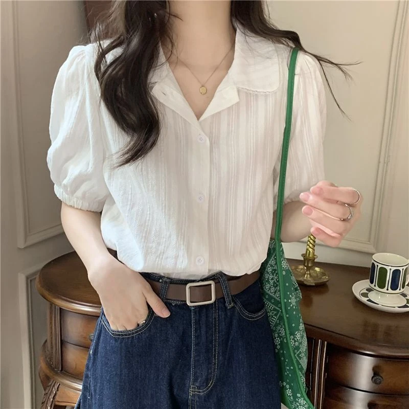 白色短袖衬衫显瘦洋气短款气质衬衣夏季法式小众泡泡袖设计感上衣