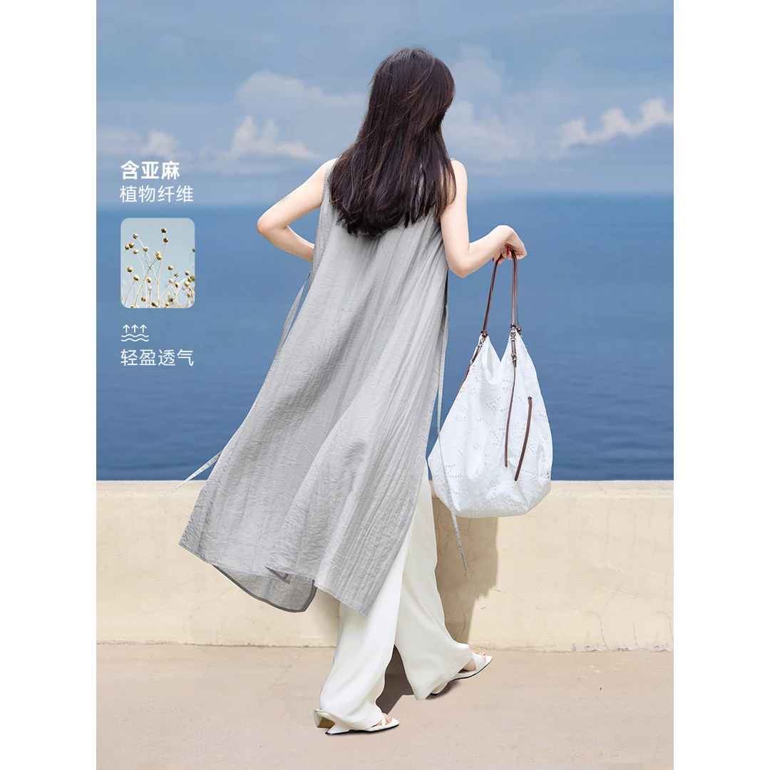 沫晗依美轻薄含亚麻无袖衬衫25夏日度假风绑带开叉叠穿长外套1162
