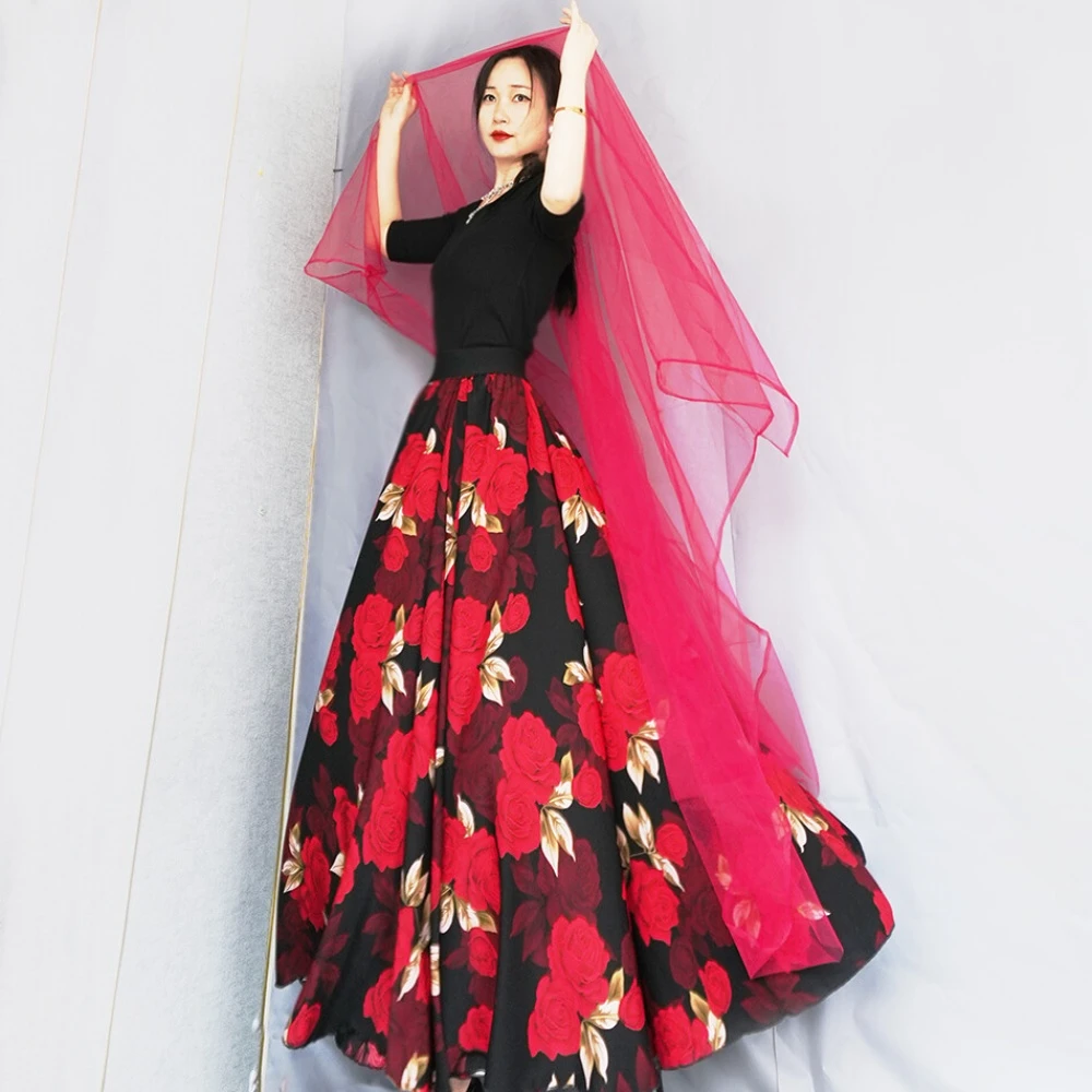 焕小沫720度大摆裙新款大码时尚国风新疆舞仙女裙显瘦长款半身裙