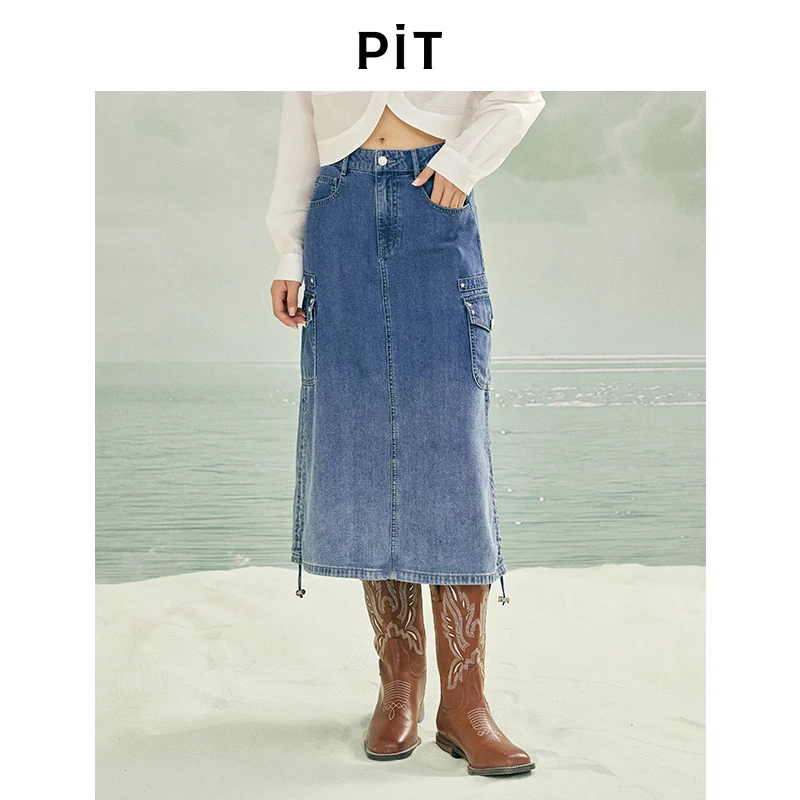 【黄蓉推荐】pit蓝色工装口袋后开叉牛仔半身裙女