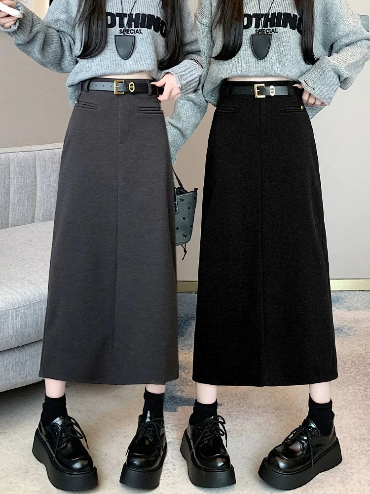 【NO退换】 MT'金扣直筒中长裙' 显瘦通勤后开叉裙子百搭包臀时尚