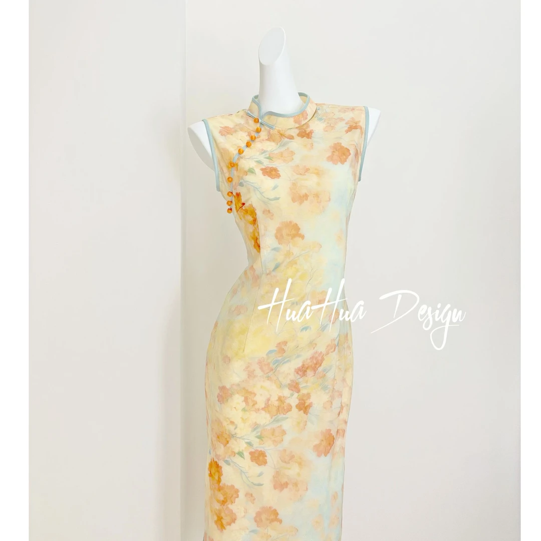 苏故里【听风絮语】植物花卉无袖低领日常新中式旗袍时尚黄色气质