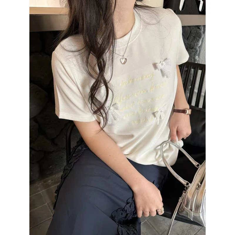 091【夏季新款】韩系立体蝴蝶结百搭圆领短袖（9807）
