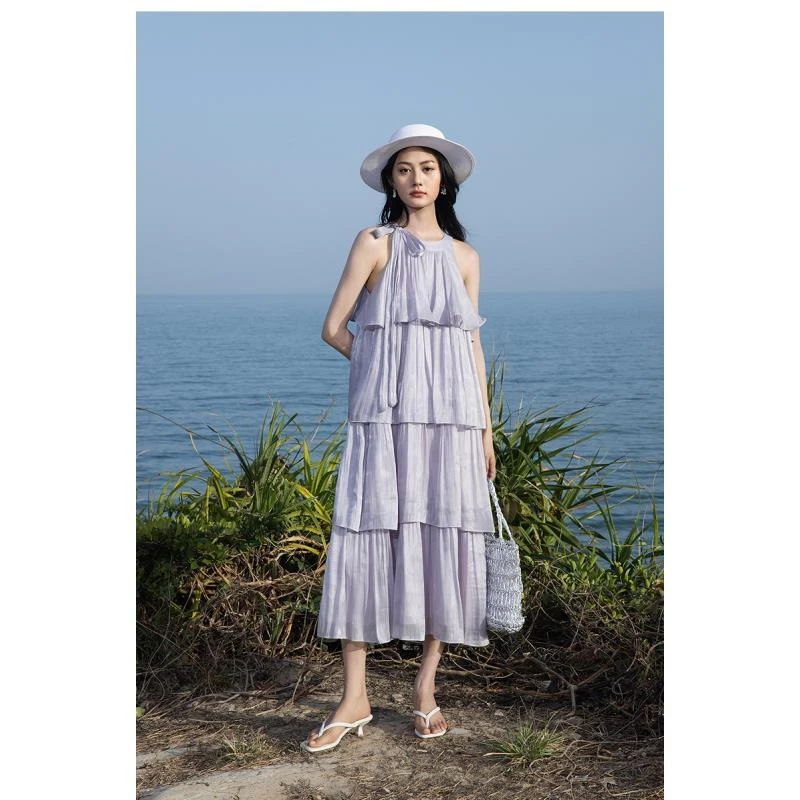 宽松吊带裙不褪色显瘦挂脖系带收腰连衣裙RL25216L002