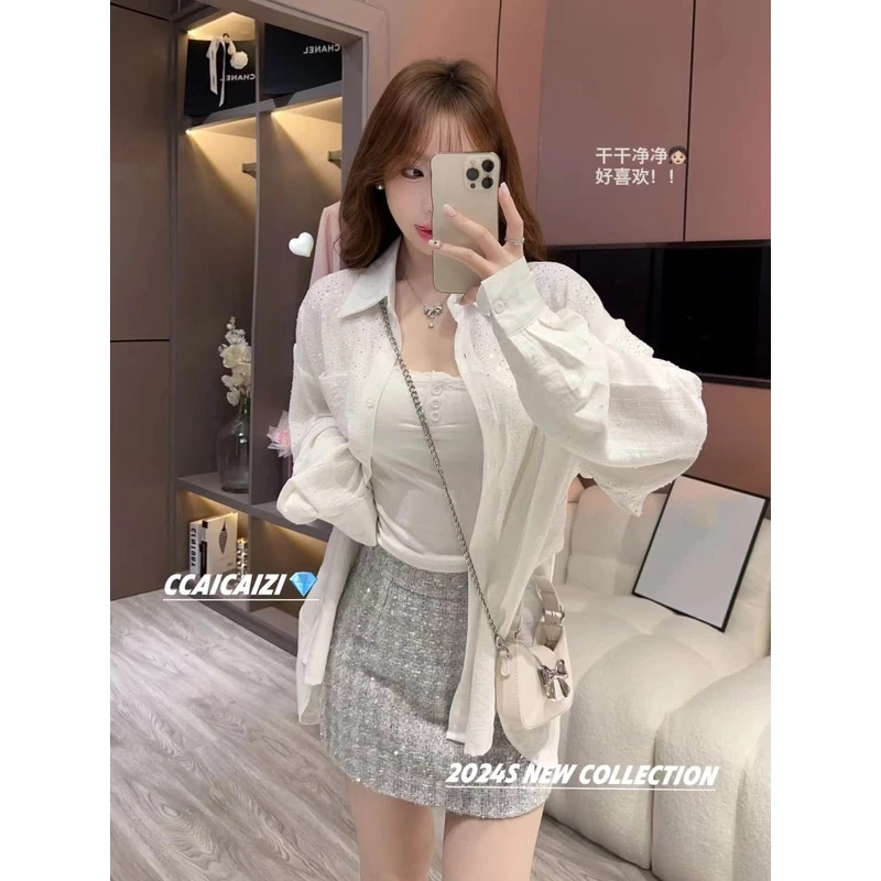 [no退no换]【满天星】韩版百搭防晒超仙重工带钻减龄轻薄衬衫88171