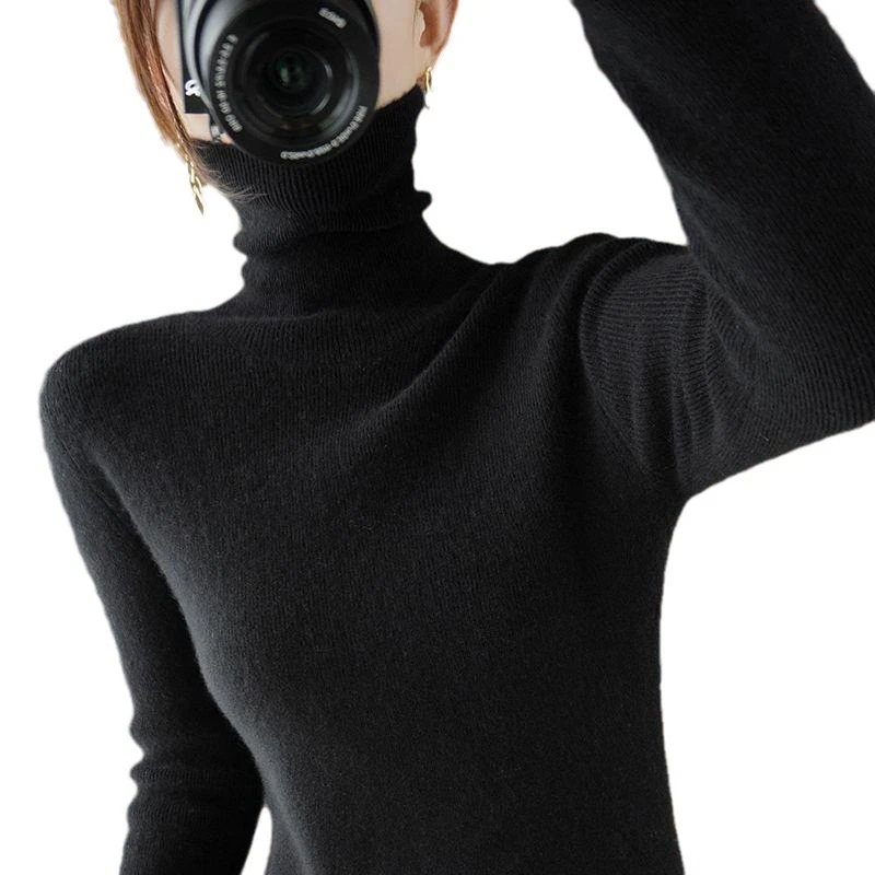 针织衫女秋冬季堆堆领打底衫内搭高领毛衣新款修身上衣 百搭长袖