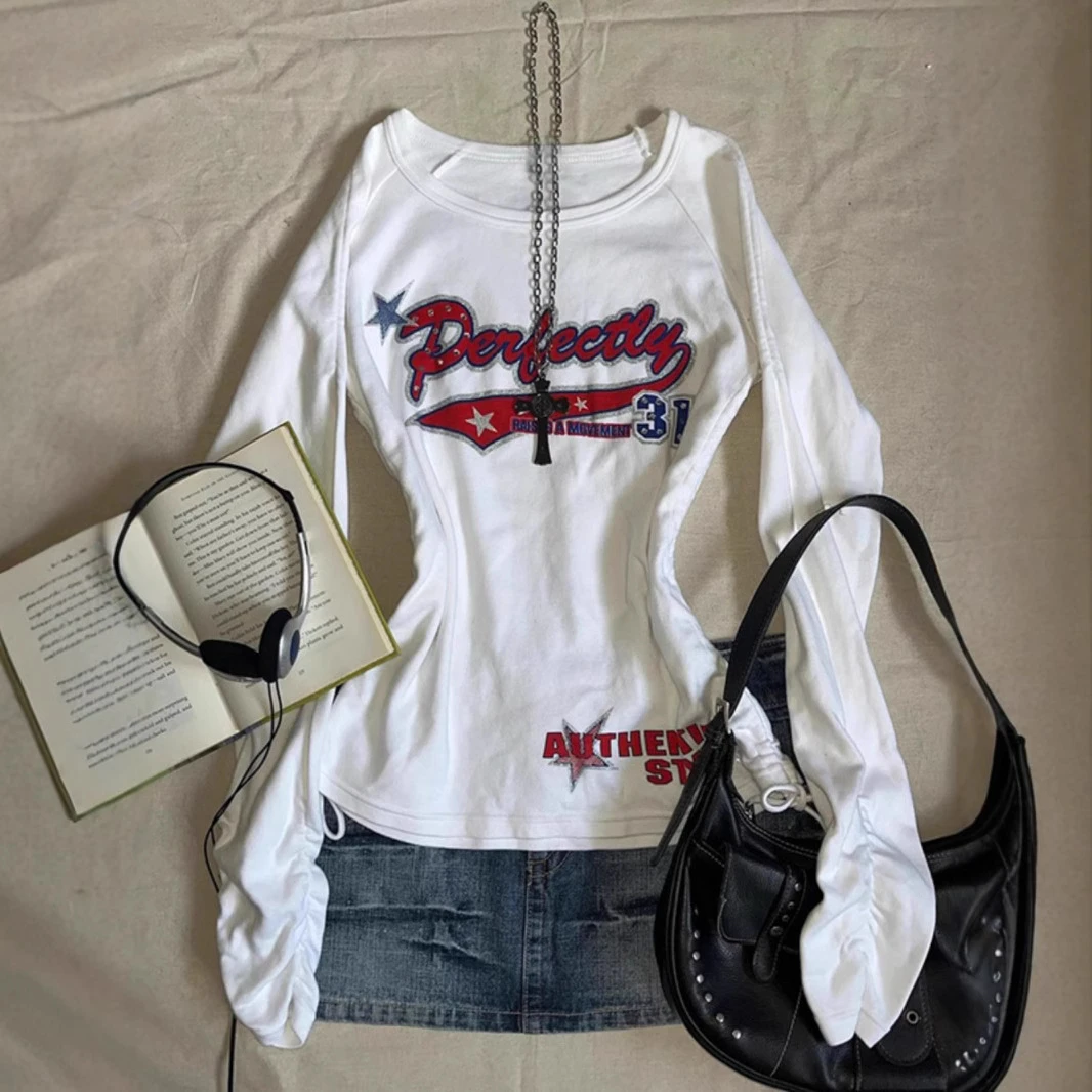 白色长袖圆领T恤女秋急抽绳收腰设计感小众时尚上衣