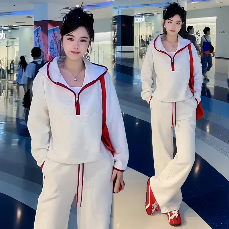 高含棉韩系休闲套装女2025年春秋新款半拉链遮肉上衣阔腿裤两件套