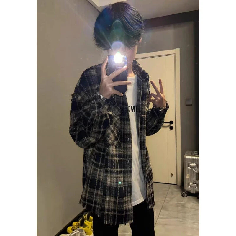 小香风格子衬衫男女款潮高级感cleanfit潮牌美式复古毛边夹克外套