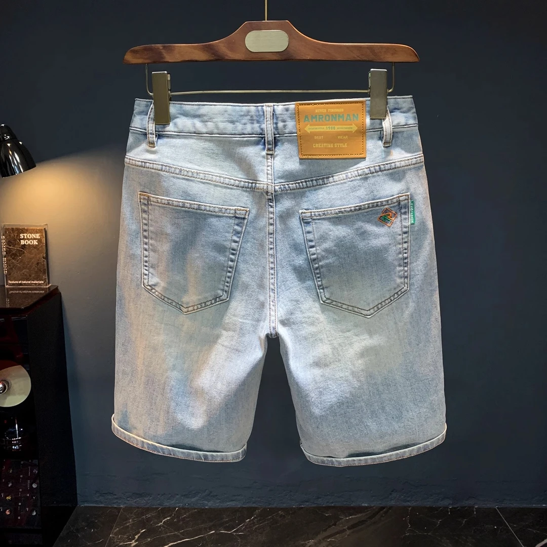 法国Cebrodz夏季高端男牛仔短裤潮流合体直筒中裤水洗磨白男裤