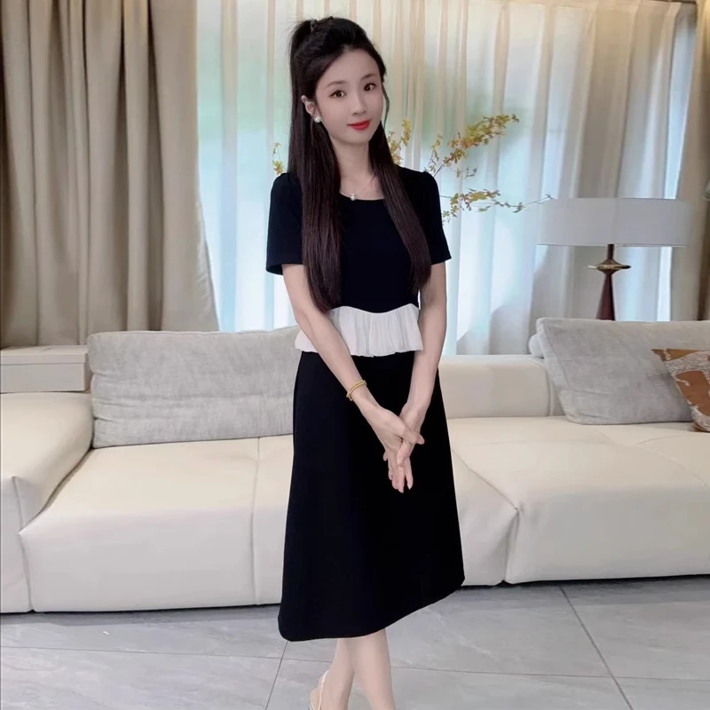 2025夏季新款法式高级感气质荷叶边撞色拼接假两件连衣裙女小个子