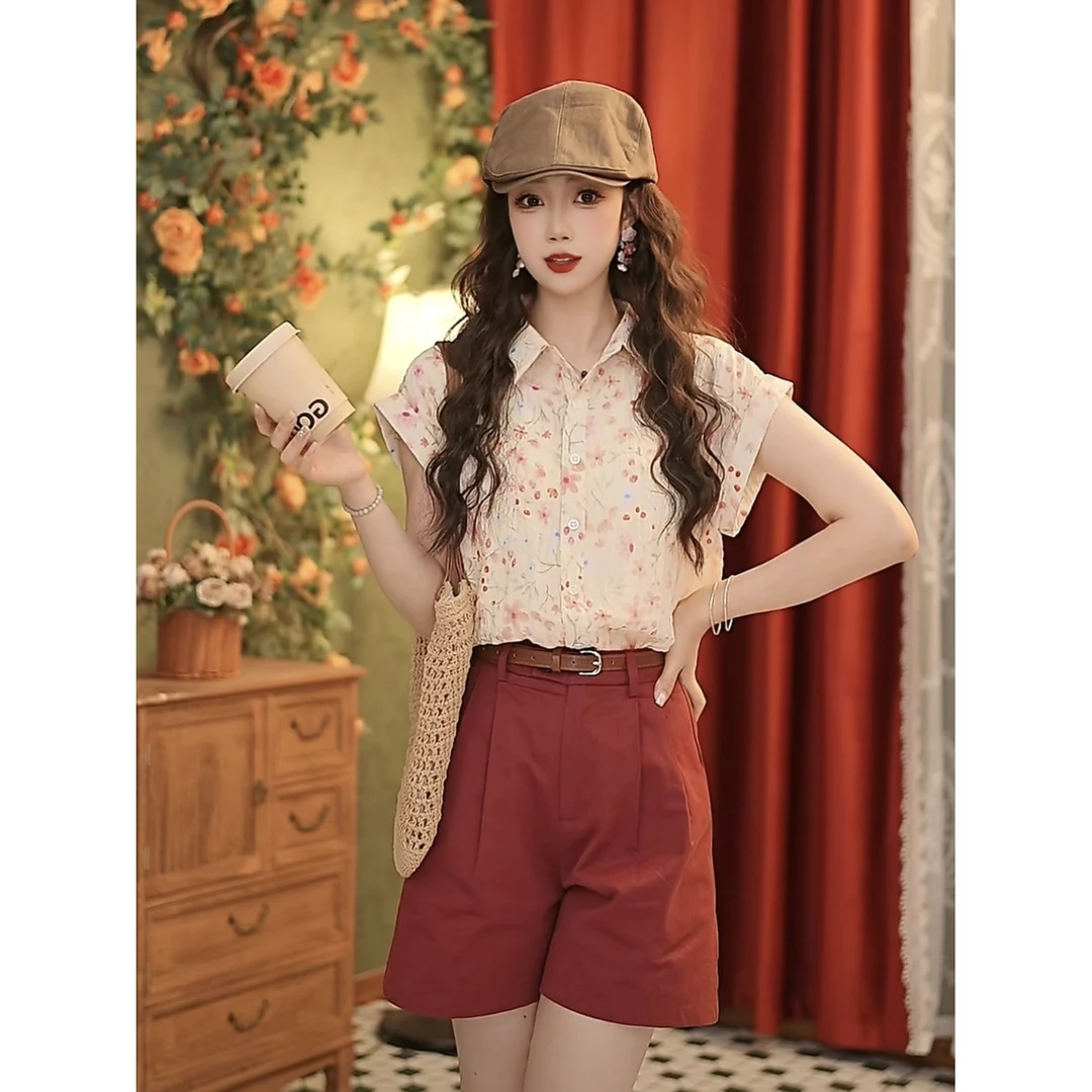 茶茶  25新款夏季碎花显瘦气质洋气复古休闲衬衫#K0024