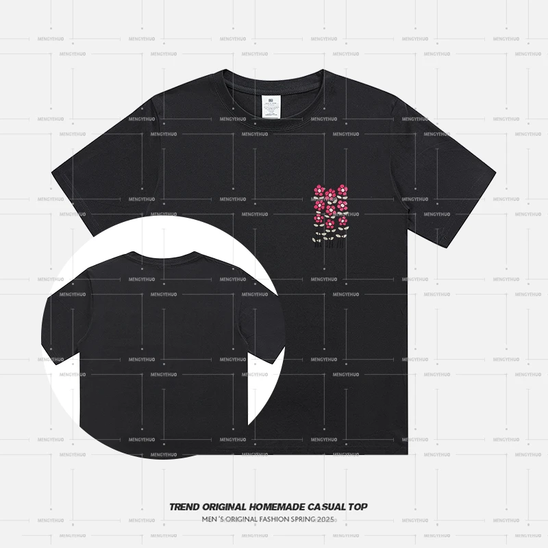 【现货发】粉色花海230g精梳棉男女同款短袖纯棉上衣夏季黑色