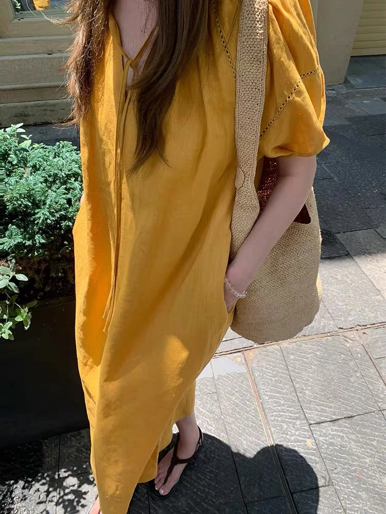 夏季时尚 显瘦亚麻慵懒舒适感连衣裙 2568