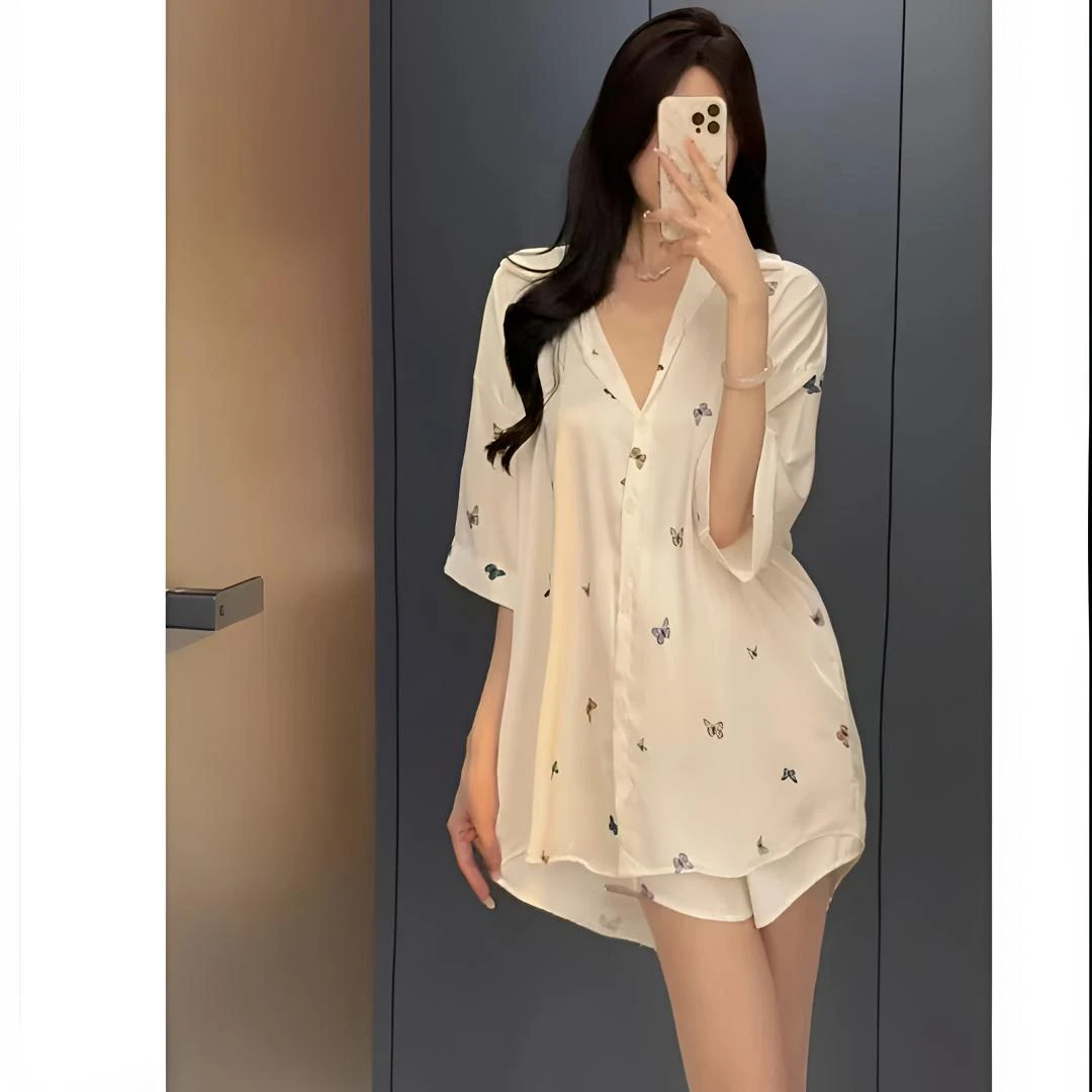 【蝶语珠光】高端轻奢冰丝蝴蝶衬衫裙女睡衣夏季新款家居服薄款套装