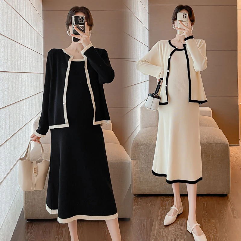 孕妇装秋装套装时尚款设计感气质小香风针织开衫吊带连衣裙秋冬季