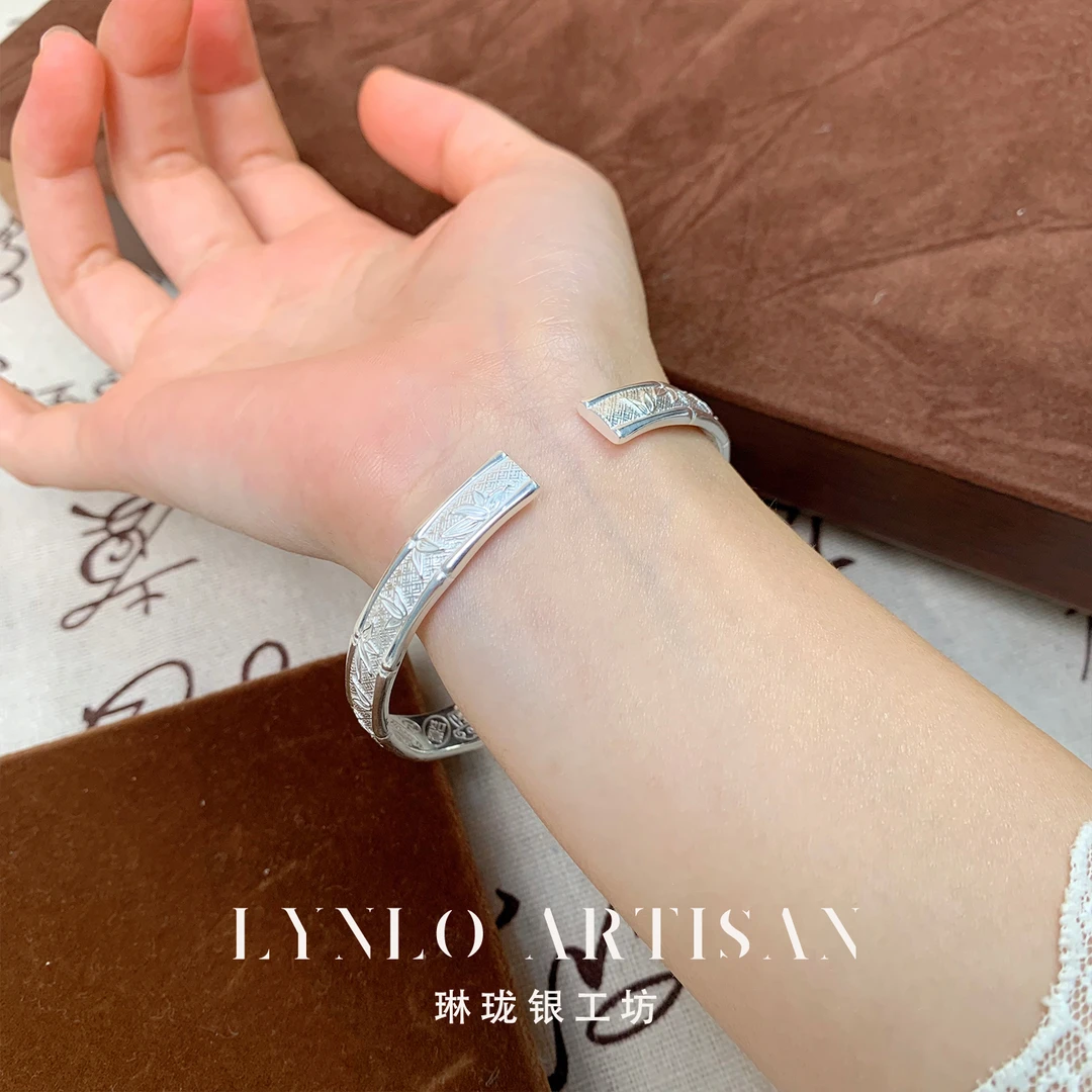 足银手镯 足银手镯¬竹节吉言底手镯光面手工吉言银手镯女款
