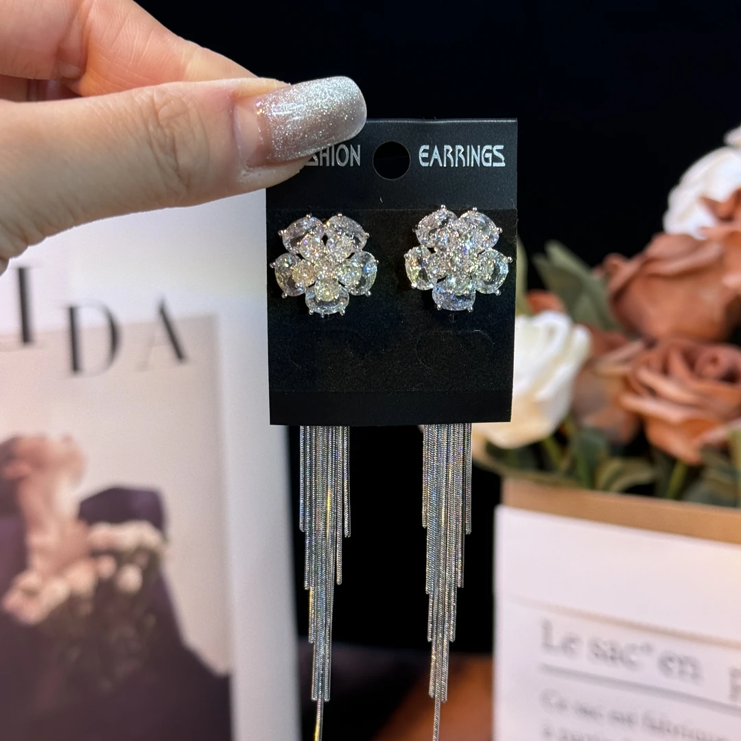 铜合金耳饰 风兮】超闪锆石花朵两戴长款流苏耳环气质轻奢时尚耳钉