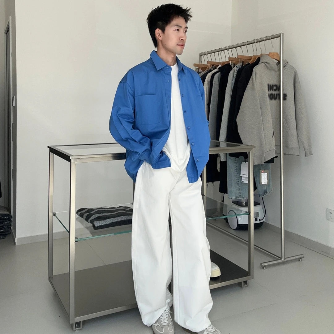 克莱因蓝色男士长袖衬衫秋季韩系慵懒风高级感外套