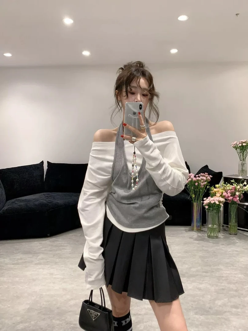 韩国2025早秋新款法式一字肩长袖T恤女显瘦设计款假两件挂脖小衫