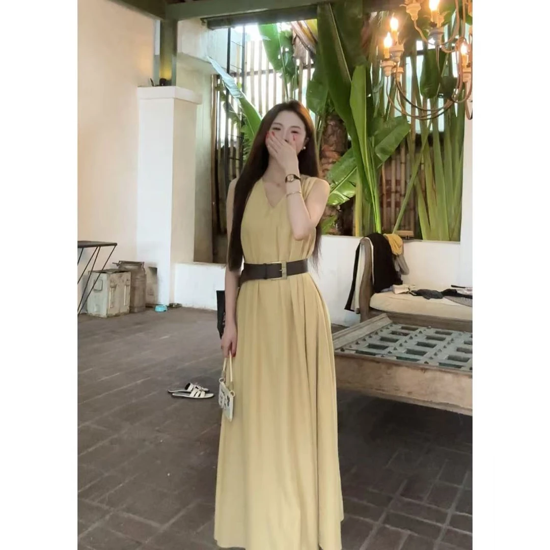 SZA【蓝海沙滩】夏季度假风气质V领挂脖无袖高腰收腰连衣裙A-1990