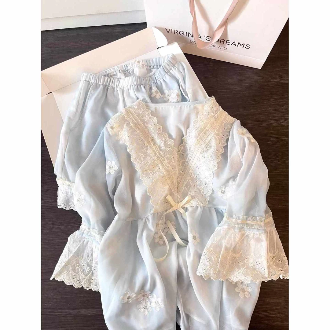 新中式网纱短袖睡衣女2025夏季新款公主风蕾丝花边v领家居服套装
