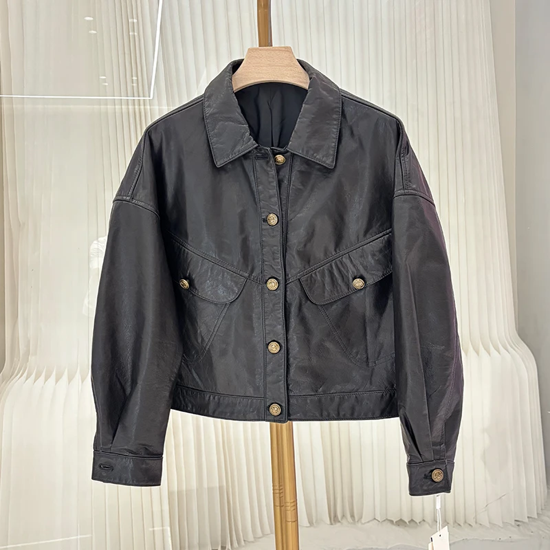 短款千金风头层油蜡小牛皮真皮皮衣2025新款宽松翻领3D设计感夹克