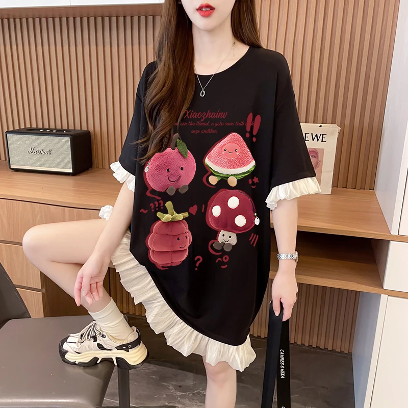 夏季蕾丝拼接连衣裙女新款宽松大码设计感假两件卡通减龄T恤裙潮
