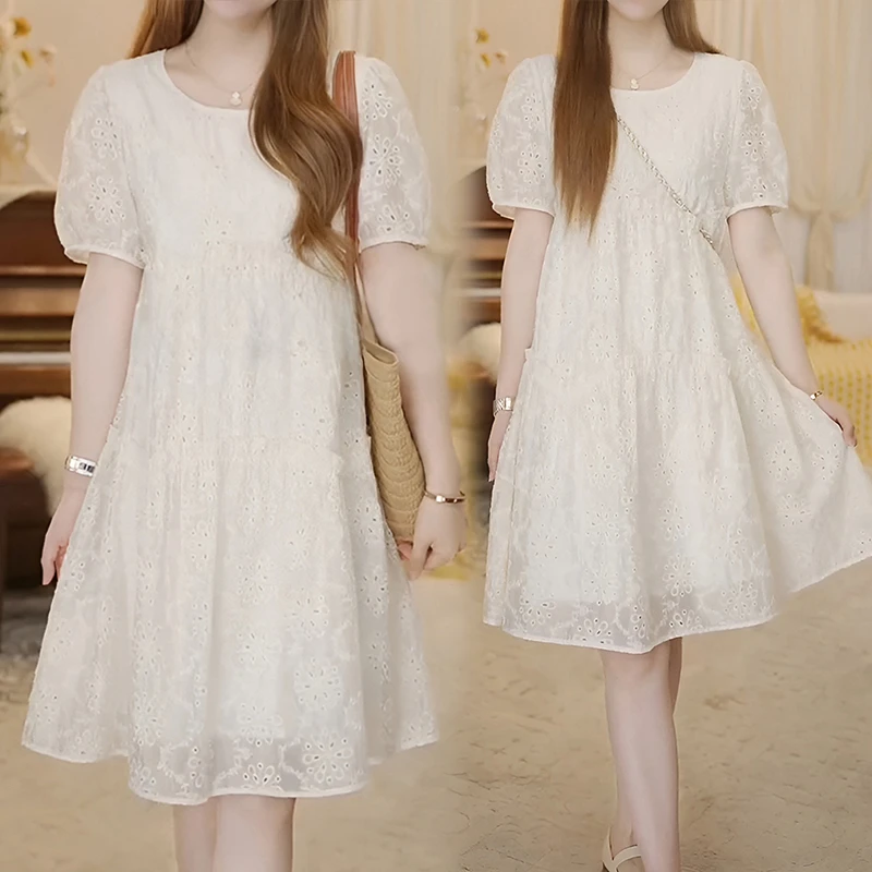 粉色镂空连衣裙女夏装新款法式时尚百搭气质设计感小个子显高裙子