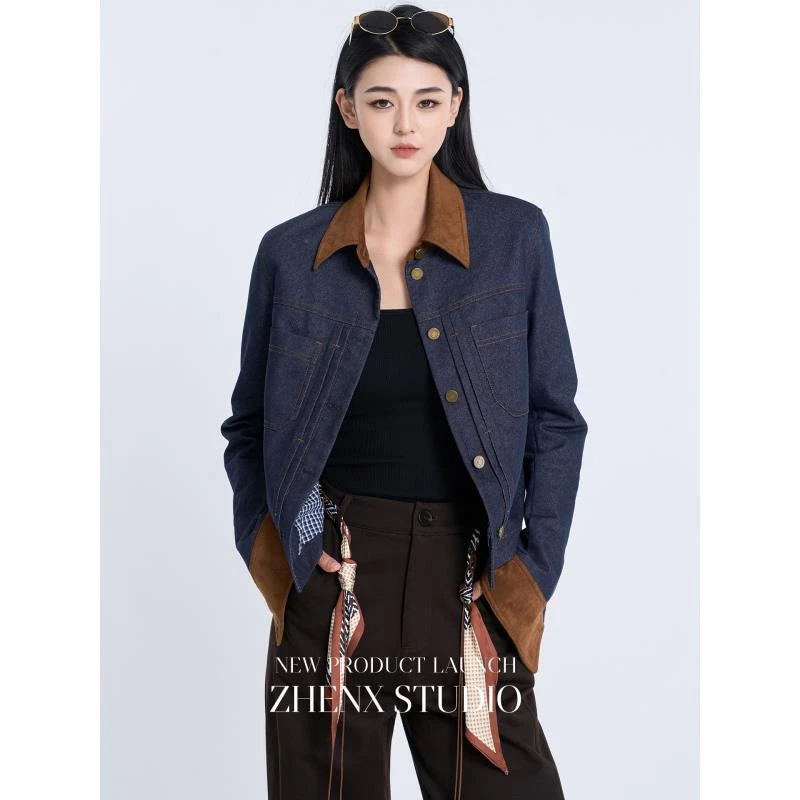 ZHENXI【复古巴恩】高个子穿搭撞色拼接仿牛仔拼麂皮外套25QDFF0435
