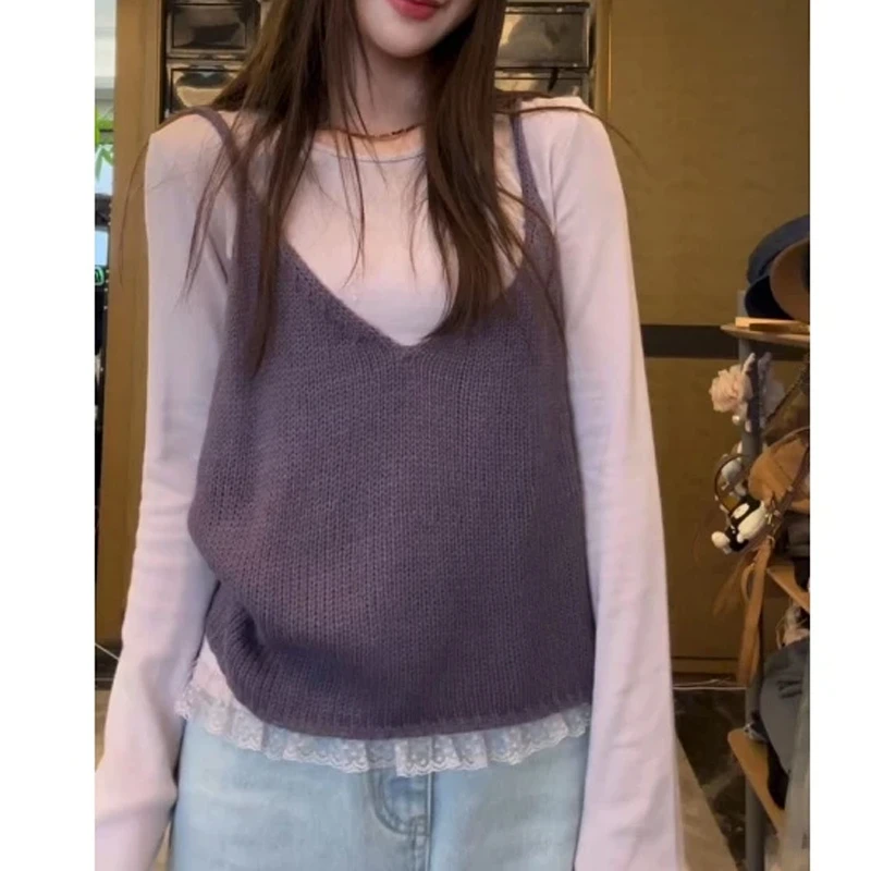多巴胺减龄针织衫女2025春秋新款蕾丝拼接打底衫叠穿吊带