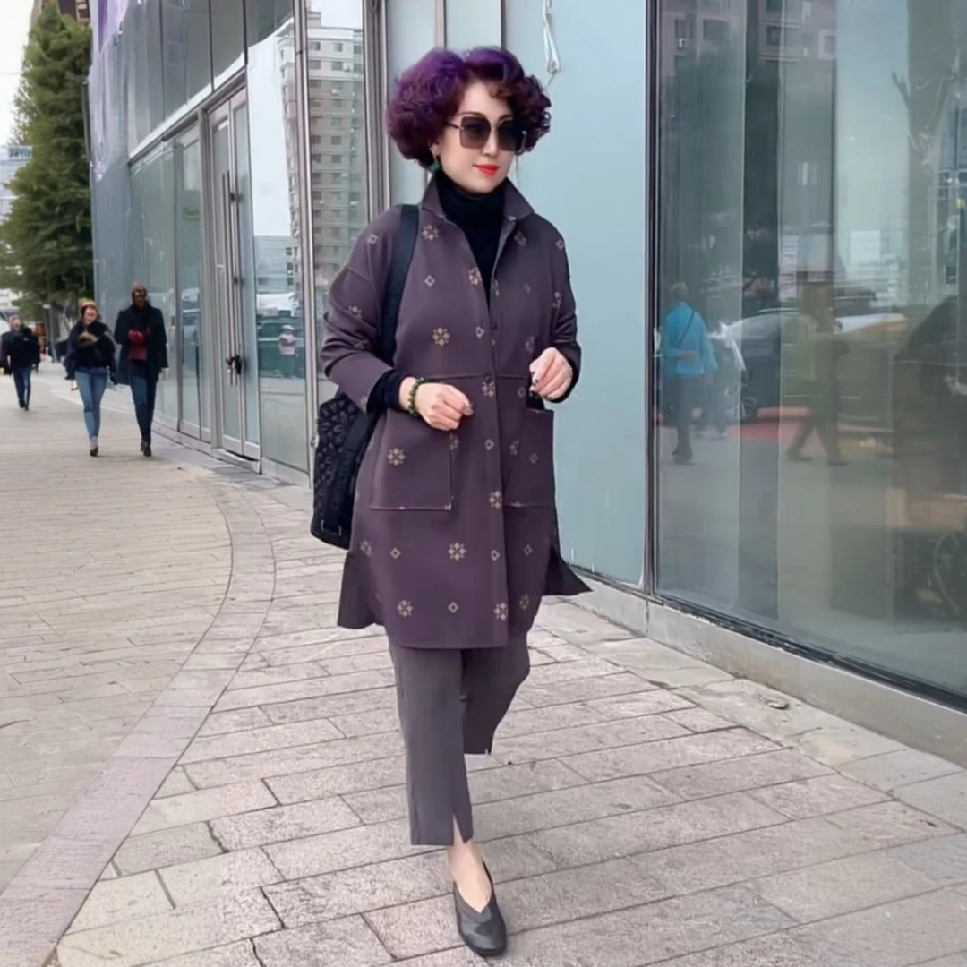 气质时尚中长款长袖空气棉印花风衣中年妈妈秋装休闲宽松大码外套