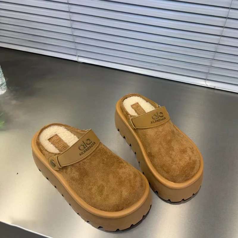 厚底勃肯鞋加绒包头半拖鞋女外穿毛毛拖鞋2025新款冬季雪地靴棉拖