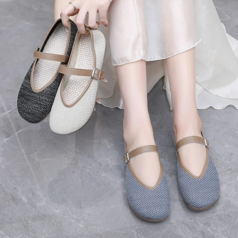 春秋季女2025新款玛丽珍鞋女透气软底一字带飞织平底单鞋
