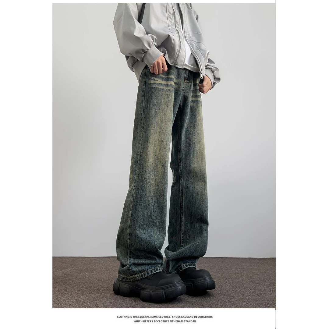 2025春秋微喇复古蓝牛仔裤男美式高街水洗做旧高级百搭潮牌长裤