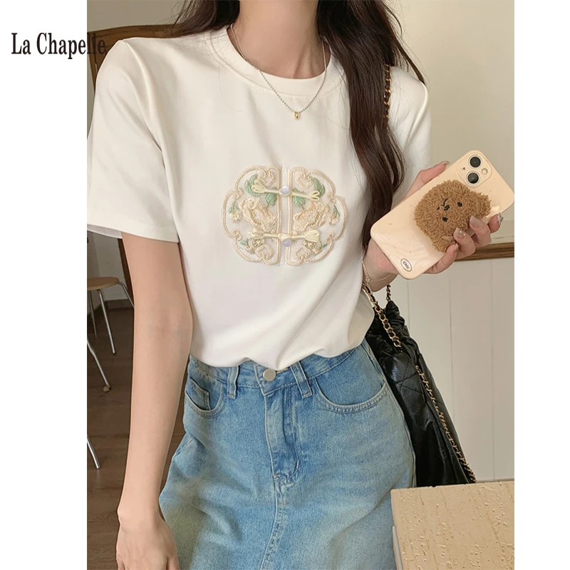 拉夏贝尔短袖t恤女2025春夏新款时尚刺绣修身正肩短款圆领上衣女