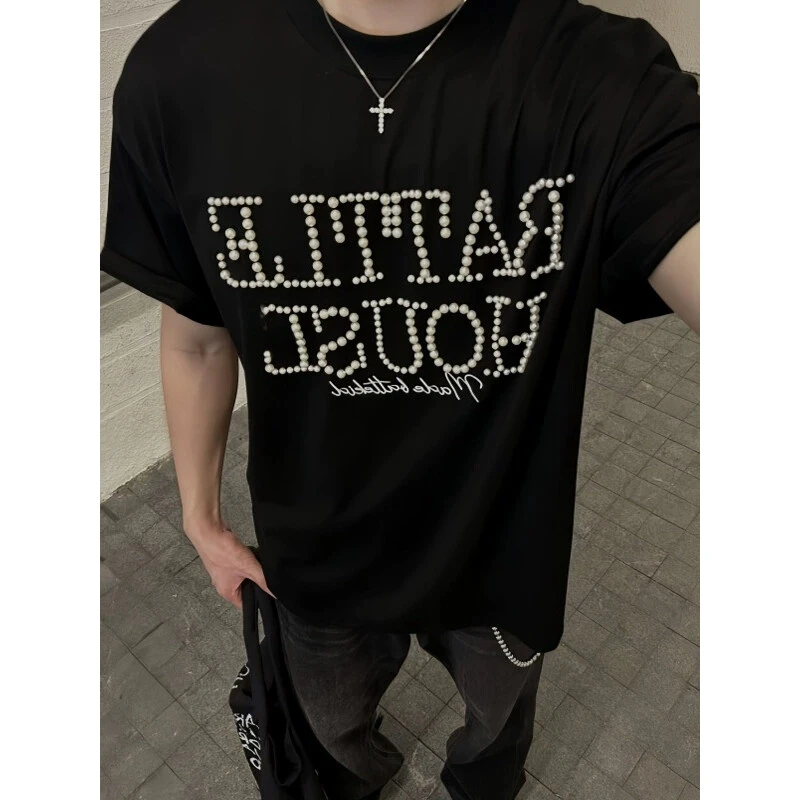 280g重磅复古重工钉珠字母T恤男生夏季新款宽松情侣纯棉短袖半袖