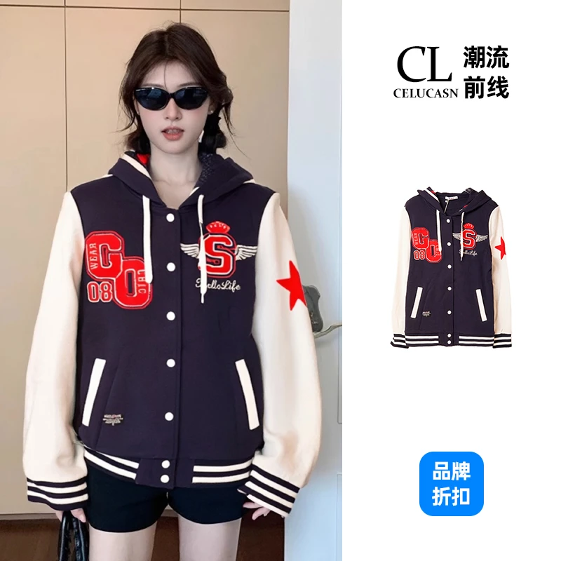 H5QBZ174#秋季爆款棒球服设计感海军领拉链情侣百搭宽松夹克外套