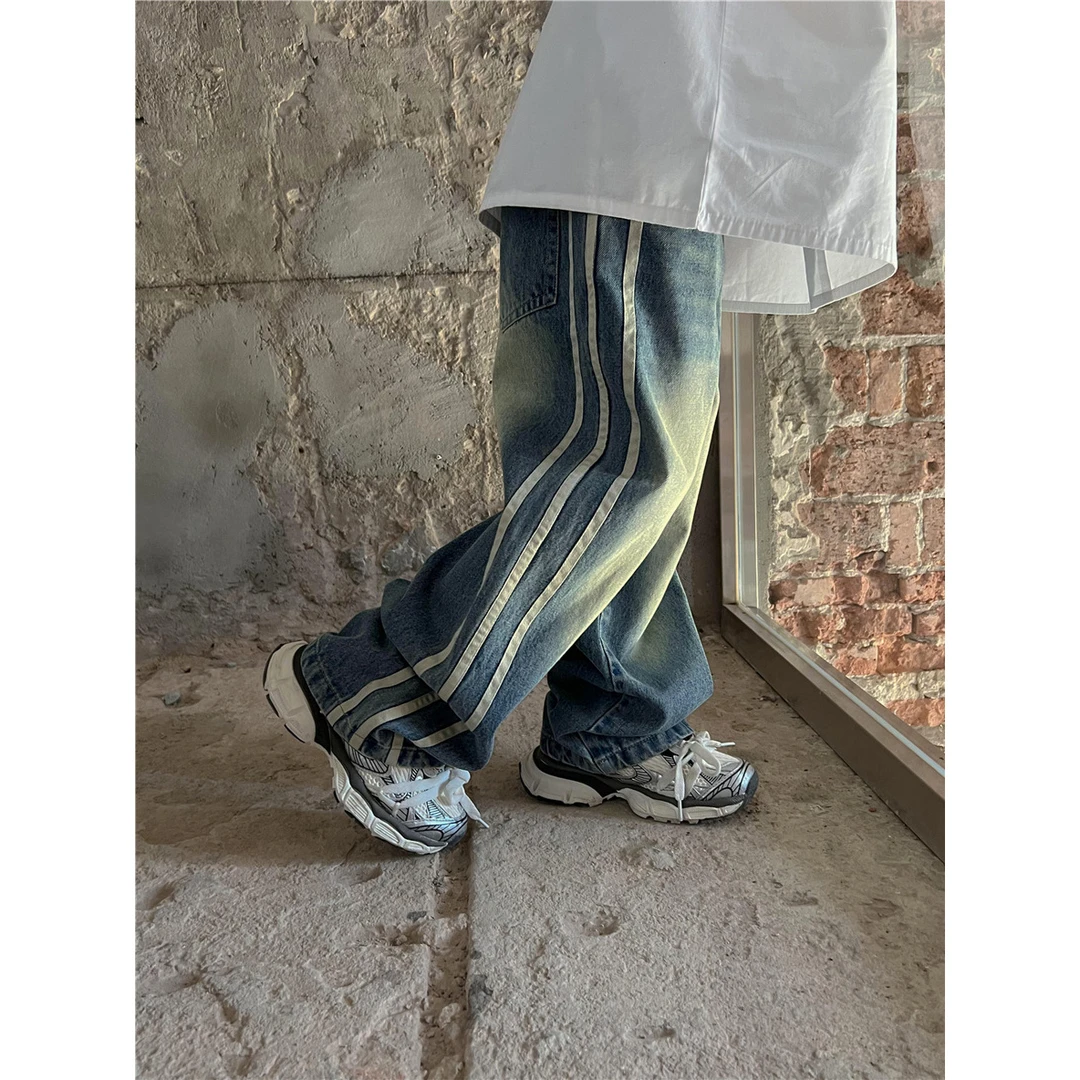 in 爱：sn25春儿童牛仔裤男女童巴黎sj风复古做旧三条杠直筒裤7202