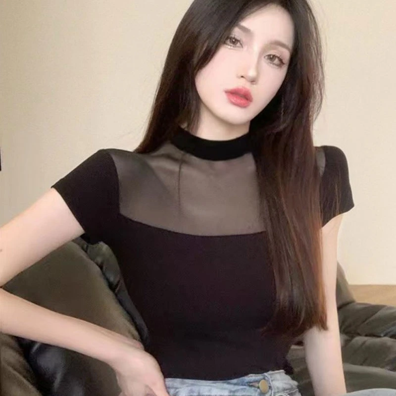 网纱拼接短袖t恤女韩版时尚蕾丝纯欲女装夏季辣妹小众黑色上衣潮