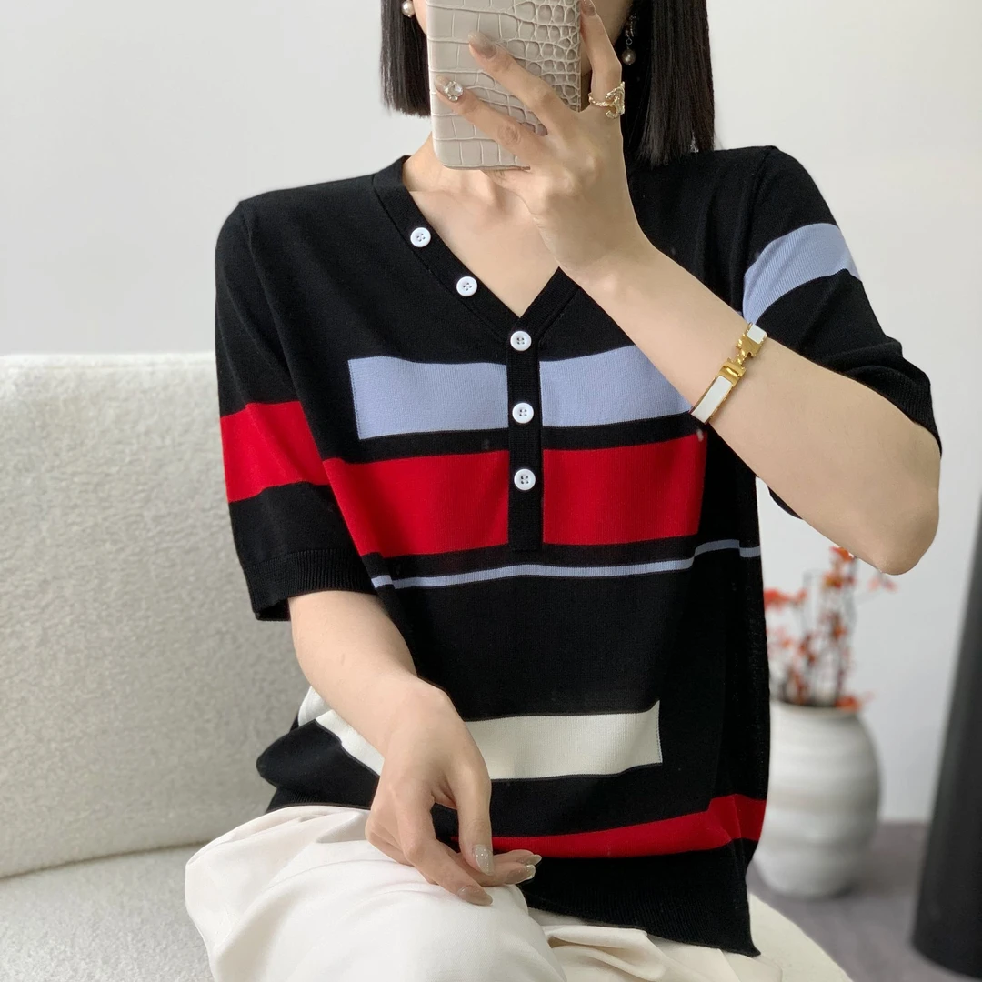 【例畔精选】春夏季气质彩色条纹撞色V领拼色显瘦针织衫A031#