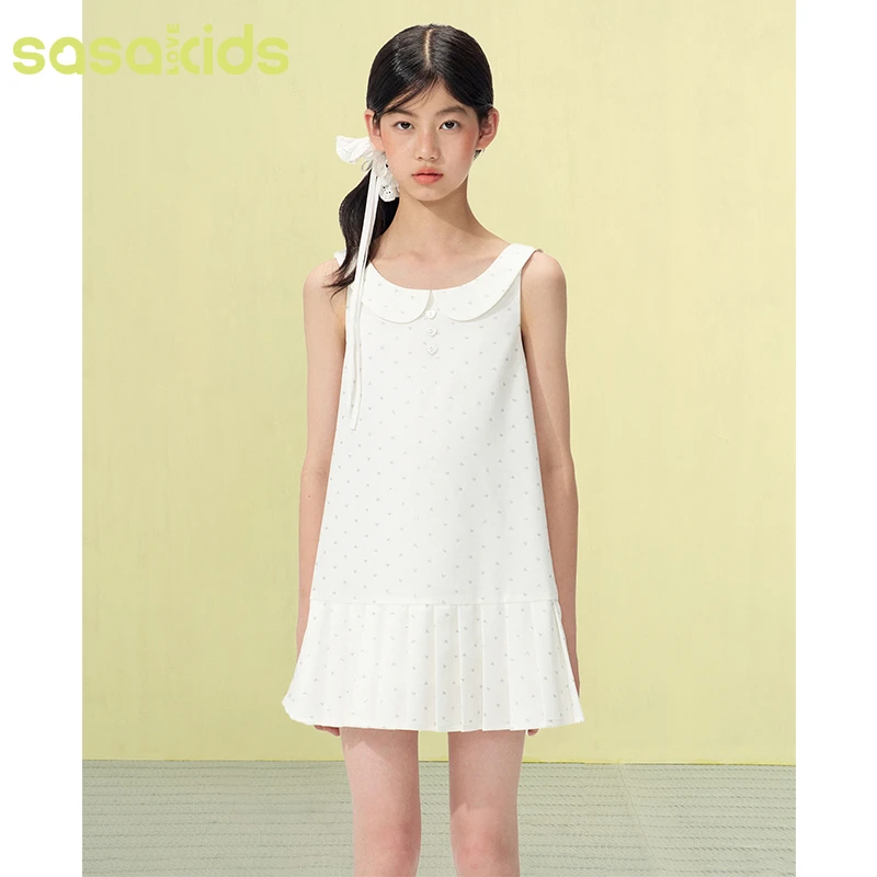 sasakids夏日精致公主无袖娃娃领爱心烫银百褶连衣裙甜美白色裙子