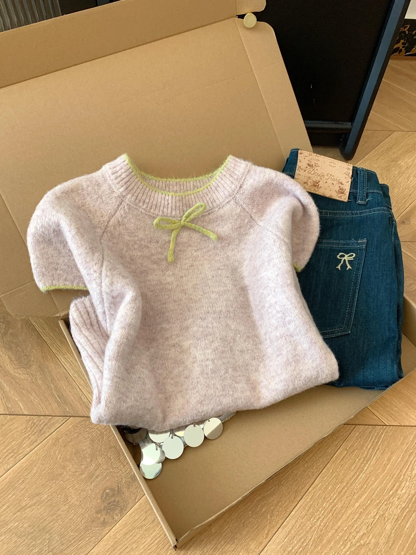 韩系小香风粉色针织短袖t恤毛衣女2025早秋穿搭休闲百搭软糯上衣