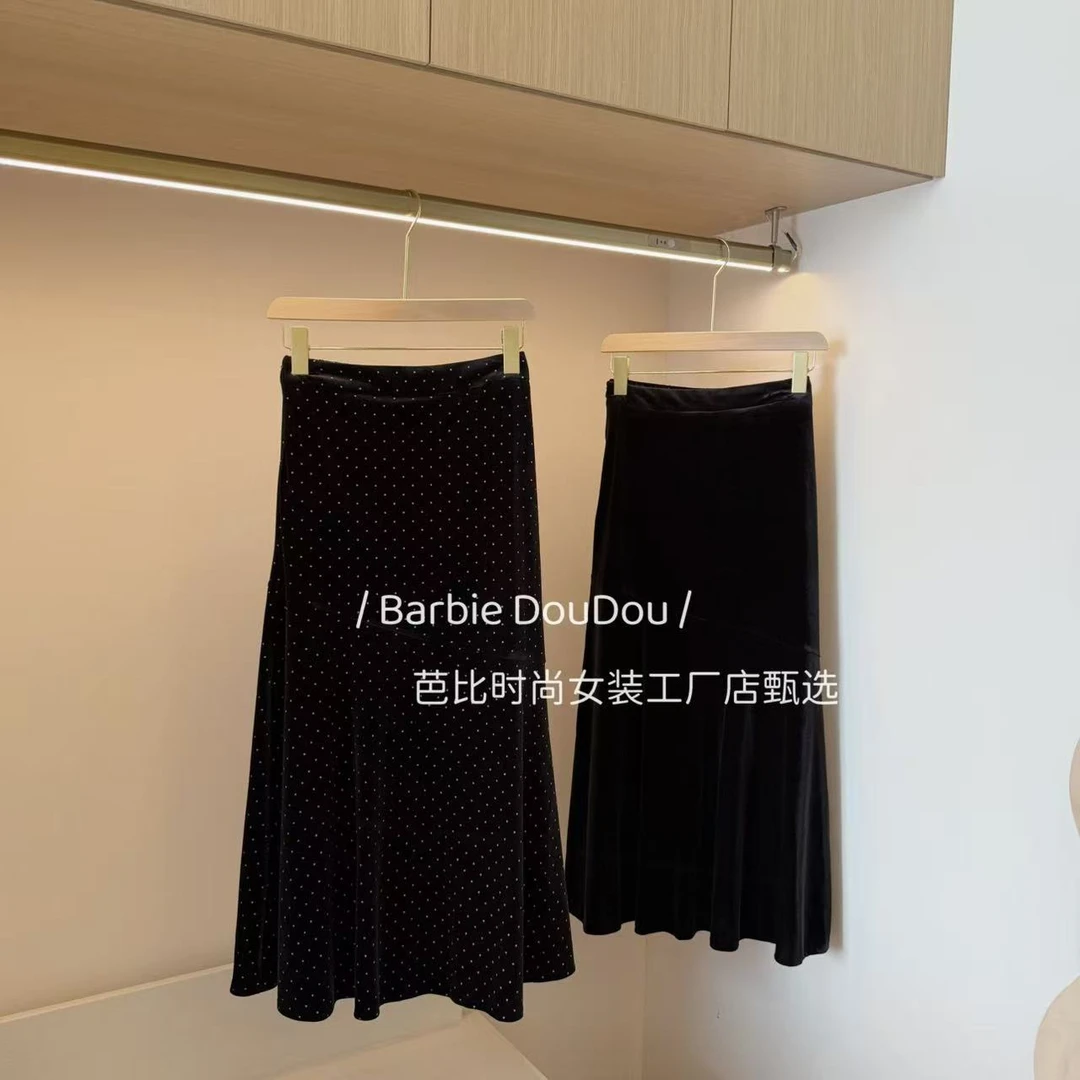 【豆子推荐】8191 秋季松紧腰侧拉链直筒显瘦鱼尾丝绒半身裙小个子