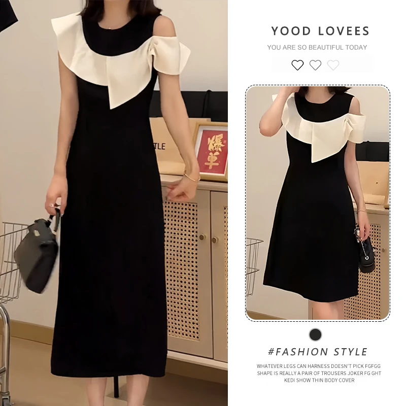 法式赫本风连衣裙女2026新款夏季穿搭荷叶边露肩高级感小黑裙子潮