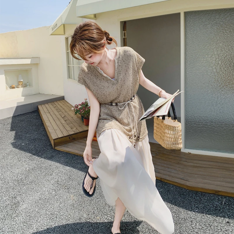 轻奢韩系高级感套装裙女夏2025新款气质女神范显瘦V领两件套裙子