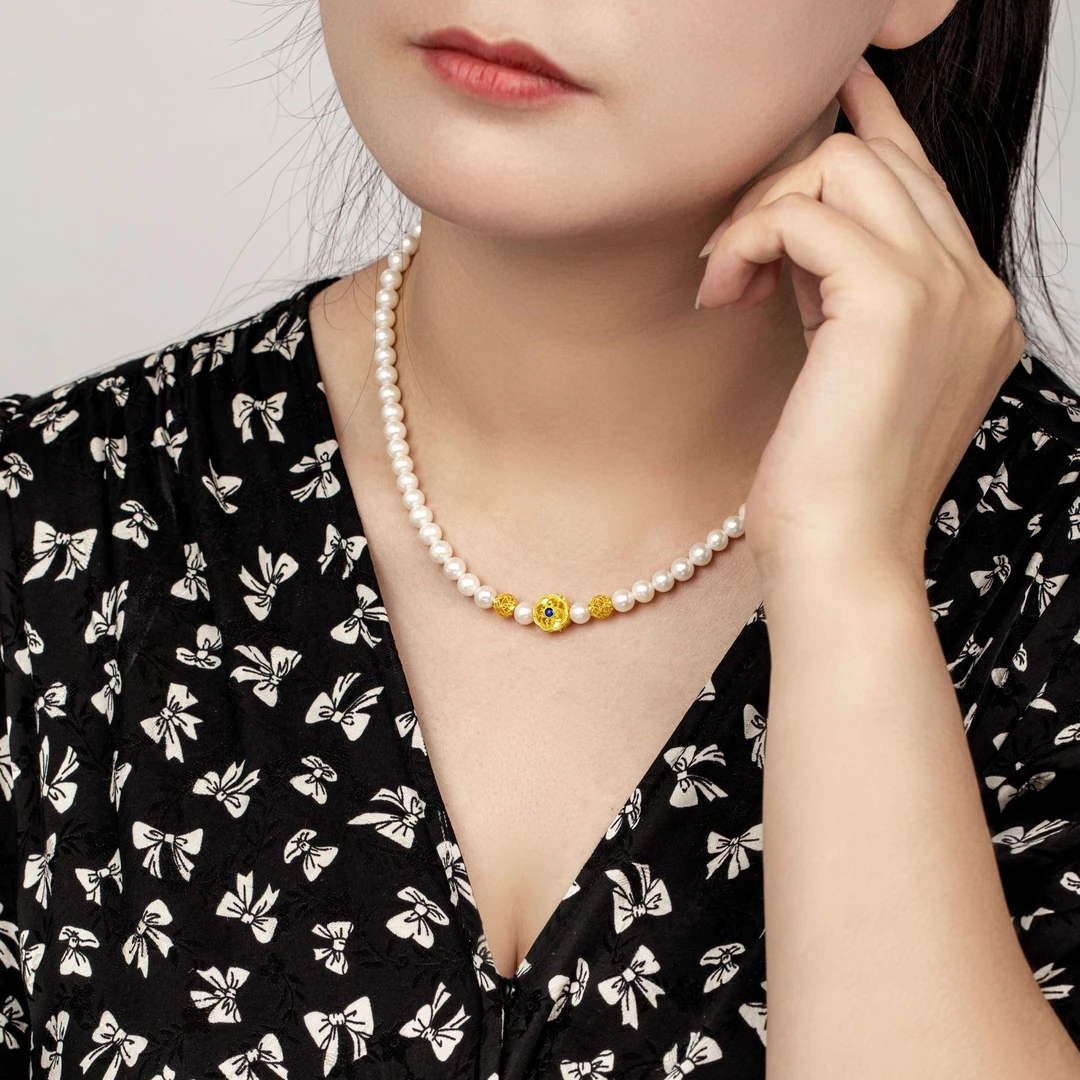 (福利爆款)足金999黄金宝石珐琅~纯天然珍珠项链6m ~扣头尾（黄金）