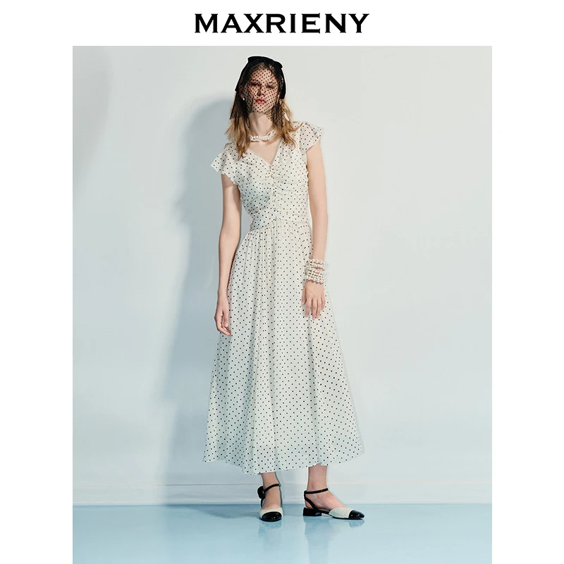 MAXRIENY感撞色黑白波点v领连衣裙女精致高级感复古感气质长裙