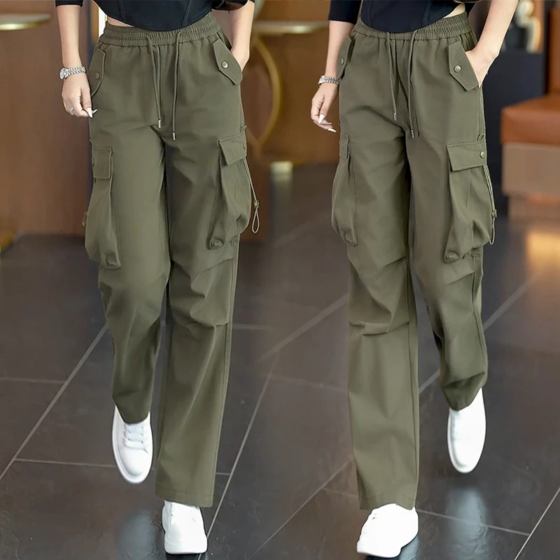 复古迷彩工装裤女2025新款春秋季显瘦休闲百搭松紧腰美式直筒裤子